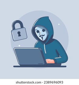 Anonymous hacker using laptop computer in incognito mode vector illustration concept