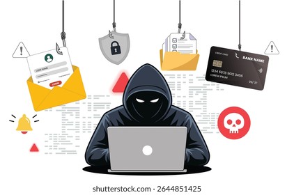 Anonymous Hacker Using Laptop to Conduct Phishing Attack, Sending Fraud Messages, Stealing Identities, and Hacking Credit Card Info