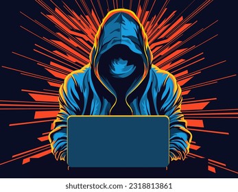 Anonymous Hacker Using Laptop On Abstract Rays Background.