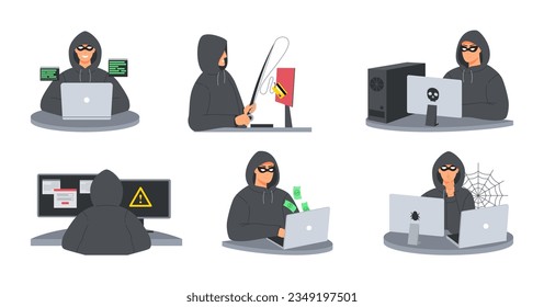 Un hacker encapuchado de Anonymous. El ciberatacante oculta su identidad y crea virus informáticos, ataques de phishing y robo de información. Ilustración vectorial de delitos informáticos anónimos