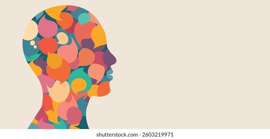 Anonymous human head silhouette with many speech bubbles inside as Equality inclusion diversity concept. Communication and dialogue
