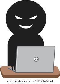 Anonymous human uses a laptop computer for stealing personal data and money. Vector illustration isolated on white background.