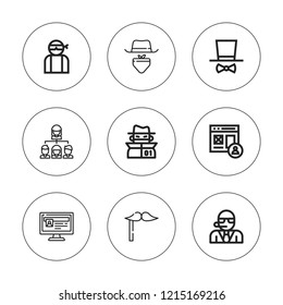 Anonymous icon set. collection of 9 outline anonymous icons with bodyguard, costume, hacker, gangster icons. editable icons.