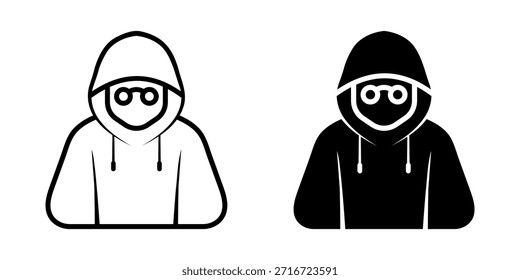 Conjunto de iconos anónimos. ilustración de un hacker con sudadera con capucha, con gafas. Representa el anonimato y el concepto de seguridad de Internet en blanco y negro. Ilustración vectorial sobre fondo blanco