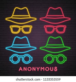 Anonymous Icon Set Neon Light Glowing Vector Illustration with Dark Background