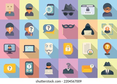 Anonymous Icons Set Flat Vector. Human Hidden. Identity Information