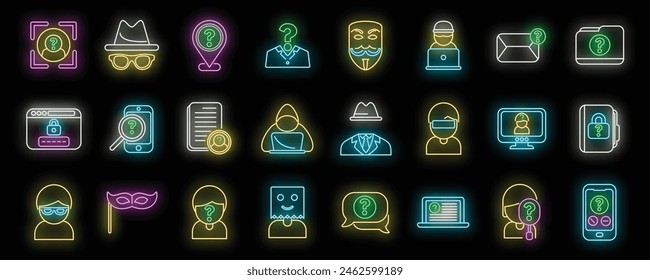 Anonymous icons set outline vector. Human hidden. Identity information neon color on black