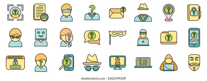 Anonymous icons set outline vector. Human hidden. Identity information thin line color flat on white