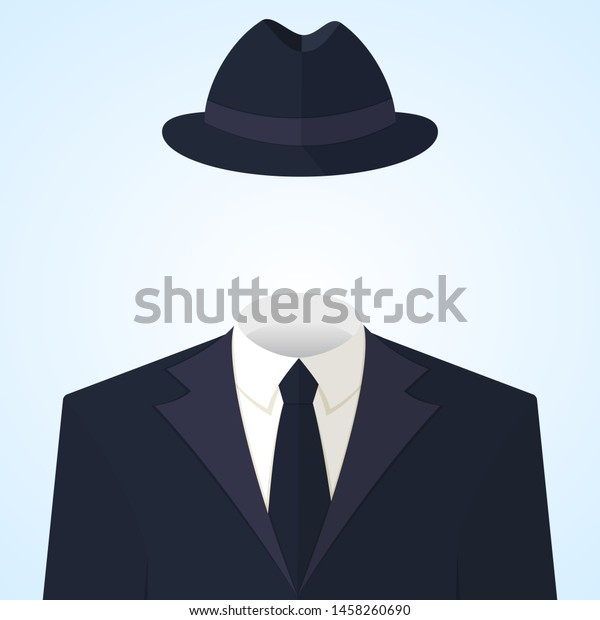 Anonymous or invisible man in a suit and in a\
fedora hat. Flat style colorful vector concept illustration icon on\
light blue\
background.