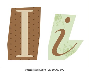 Letra anônima I em papel cortado em estilo scrapbooking. Elemento gráfico para uma colagem