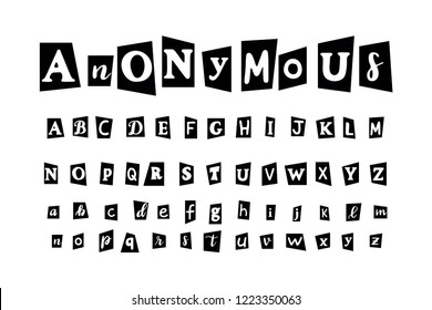 Anonymous letter set for secret message. Alphabet to create text from not named or identified author, cut newspaper and magazine symbols design. Vector black font