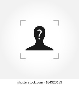 Anonymous male icon with question mark inside camera focus frame