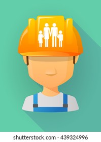 Anonymous male worker avatar wearing a safety helmet that shows a conventional family pictogram