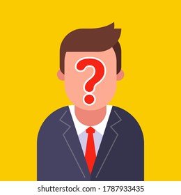 anonymous man in a business suit. question mark on the face. flat vector character illustration.