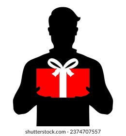 Anonymous man holding the gift box, silhouette vector illustration isolated on white background.