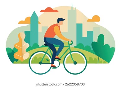 Homem anônimo em bicicleta verde, pedalando em um parque urbano com prédios de pedras e árvores estilizadas; uma cena tranquila promovendo bem-estar e consciência ambiental.