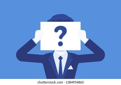 Anonymous man with question mark. Male person not identified by name, unknown user, incognito profile, business secrecy, obscurity, blind date partner. Vector illustration, faceless character