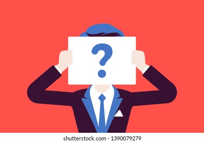 Anonymous man with question mark. Male person not identified by name, unknown user, incognito profile, business secrecy, obscurity, blind date partner. Vector illustration, faceless character