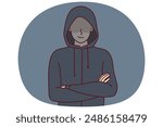 Anonymous man stands with arms crossed and hiding eyes behind hood for concept of secret surveillance or banditry. Anonymous guy hiding face wanting to remain incognito planning illegal activities