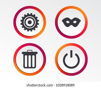 Anonymous mask and cogwheel gear icons. Recycle bin delete and power sign symbols. Infographic design buttons. Circle templates. Vector