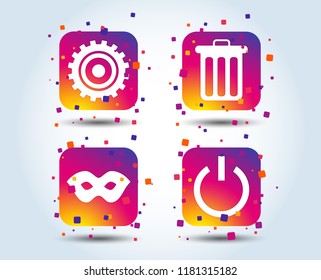 Anonymous mask and cogwheel gear icons. Recycle bin delete and power sign symbols. Colour gradient square buttons. Flat design concept. Vector