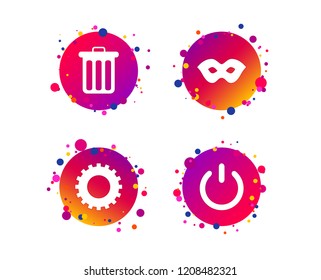 Anonymous mask and cogwheel gear icons. Recycle bin delete and power sign symbols. Gradient circle buttons with icons. Random dots design. Vector