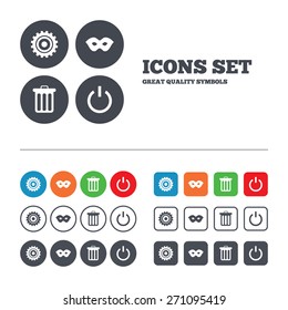 Anonymous mask and cogwheel gear icons. Recycle bin delete and power sign symbols. Web buttons set. Circles and squares templates. Vector