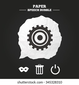 Anonymous mask and cogwheel gear icons. Recycle bin delete and power sign symbols. Paper speech bubble with icon.