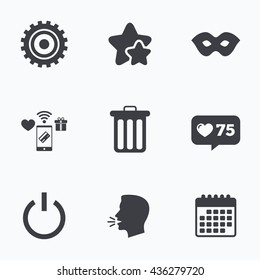 Anonymous mask and cogwheel gear icons. Recycle bin delete and power sign symbols. Flat talking head, calendar icons. Stars, like counter icons. Vector