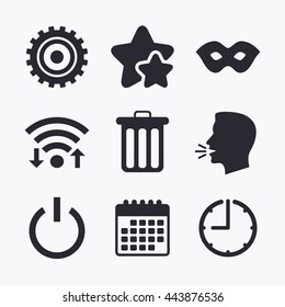 Anonymous mask and cogwheel gear icons. Recycle bin delete and power sign symbols. Wifi internet, favorite stars, calendar and clock. Talking head. Vector