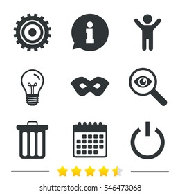 Anonymous mask and cogwheel gear icons. Recycle bin delete and power sign symbols. Information, light bulb and calendar icons. Investigate magnifier. Vector