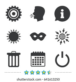 Anonymous mask and cogwheel gear icons. Recycle bin delete and power sign symbols. Information, go to web and calendar icons. Sun and loud speak symbol. Vector