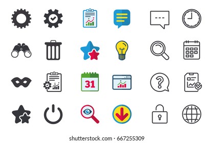 Anonymous mask and cogwheel gear icons. Recycle bin delete and power sign symbols. Chat, Report and Calendar signs. Stars, Statistics and Download icons. Question, Clock and Globe. Vector