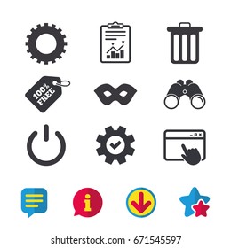 Anonymous mask and cogwheel gear icons. Recycle bin delete and power sign symbols. Browser window, Report and Service signs. Binoculars, Information and Download icons. Stars and Chat. Vector