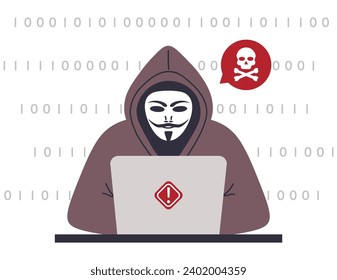 Anonymous сharacter in mask with laptop. Cyber criminal stealing user personal data. Hacker attack. Web security and internet phishing concept. 