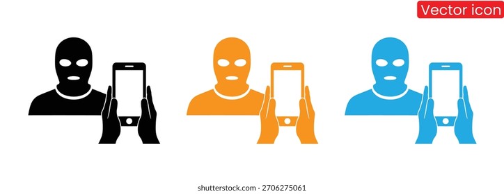 Hacker enmascarado anónimo sostiene un teléfono inteligente, estafa de phishing
