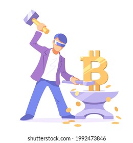 Anonymer Bergarbeiter macht eine Bitcoins. Unbekannte kreiert das große goldene BTC-Zeichen wie ein Schmied. Schmieden einer digitalen Kryptowährung mit einem Schlittenhammer und einem Bösen.  Konzeptuelles flaches Vektorsymbol.