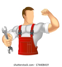 Anonymous muscular man in work clothes. Mechanic or handyman in work clothes holding a spanner. Vector illustration.