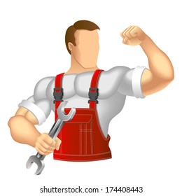 Anonymous muscular man in work clothes. Mechanic or handyman in work clothes holding a spanner. Vector illustration.