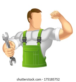 Anonymous muscular man in work clothes. Mechanic or handyman in work clothes holding a spanner. Vector illustration.