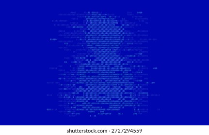 Anonymous mysterious hacker silhouette composed of digital binary code on dark blue background. Cybercrime, hacker. Beware of phishing and scams. Cybercrime symbols of phishing and scams made from binary code.