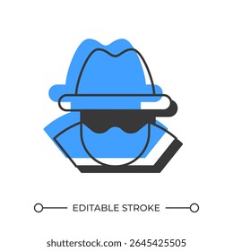 Anonymous offset shadow line icon. Suspicious person with sunglasses and hat. Incognito mode. Security. Bold outline symbol with solid blue fill. Modern flat illustration. Editable stroke