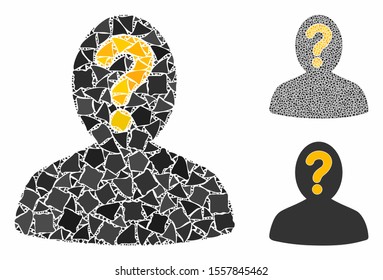 Anonymous person mosaic of joggly parts in various sizes and color tints, based on anonymous person icon. Vector rugged parts are united into mosaic.
