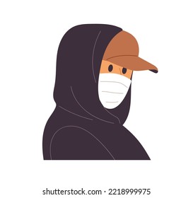 Anonymous person wearing medical mask, cap, hood. Incognito hiding face. Secret suspicious man portrait. Unrecognized unidentified human. Flat vector illustration isolated on white background