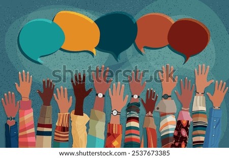 Anonymous raised of multicultural group people. Racial equality. Speech bubble. Crowd people. Men and women of diverse races. Communication. Male female. Diversity inclusion