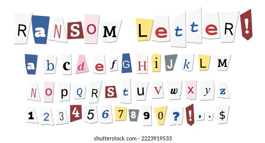 Anonymous ransom note newspaper cutting letters. Criminal blackmail letter alphabet vector set.