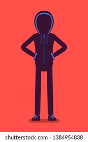 Anonymous silhouette with hidden face. Hacker dark abstract body, covered with hood, online person not identified by name, unknown faceless user, incognito with evil intentions. Vector illustration