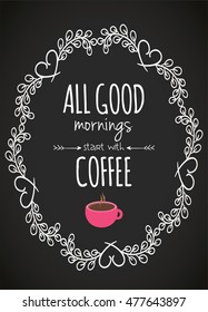 Anonymous style quote "all good mornings start with coffee" on black background