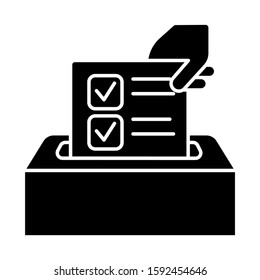 Anonymous survey glyph icon. Ballot box. Feedback form. Opinion polling. Social research. Evaluation. Voting. Data collection. Silhouette symbol. Negative space. Vector isolated illustration