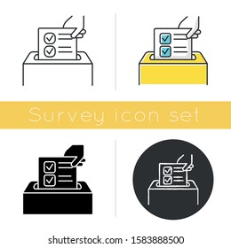 Anonymous survey icon. Ballot box. Feedback form. Opinion polling. Social research. Voting. Data collection. Sociology. Glyph design, linear, chalk and color styles. Isolated vector illustrations